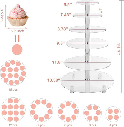 Gowing 6 Tier Cupcake Stand, Cupcake Tower Display, Round Cupcake Holder, Cupcake Display Stand with Base, Acrylic Clear Tiered Dessert Stands for Party