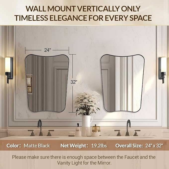 MIRRORART 24'x32'' Black Asymetrical Mirrors for Bathroom, | Premium Metal Frame Mirror Butturfly-Shaped Irregular Wall Mirrors Wall Mounted Vertical for Bathroom Remodel, HD Glass