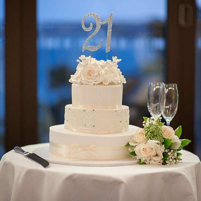 21st Rhinestones Cake Topper, Number 21 Birthday Adult Ceremony or Anniversary Party Decoration Ideas Perfect Keepsake (Silver)