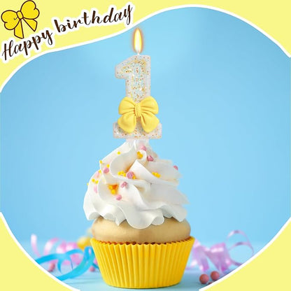 Birthday Candle for Cake, Yellow Bow Cake Candles, Cake Topper Decoration for Birthday Party (Number 1)