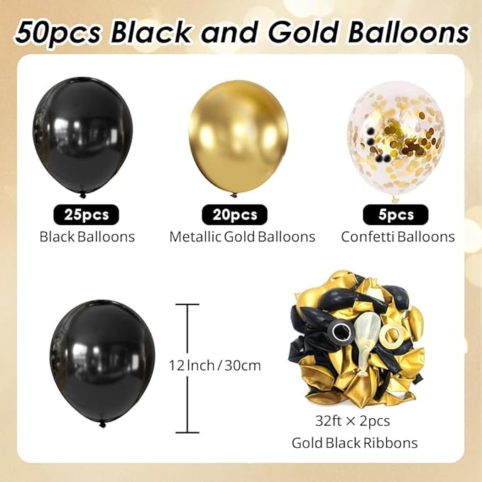 50 pcs Black and Metallic Gold Balloons 12 Inch Black and Gold Confetti Balloon Party Decorations for Birthday,Graduation,New Years,Wedding,Engagement Anniversary Party Decorations