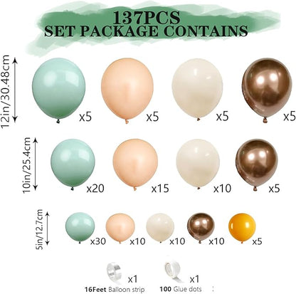 137Pcs Retro Smoke Green Balloon Garland Arch Suit,Jungle Safari Woodland Forest Wild One Camper Balloon Arch, Olive Green Gold Coffee Cocoa Balloons，Wedding Party Birthday Baby Shower Decoration.