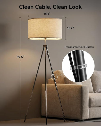 JOOFO Tripod Floor Lamp with Remote Control, Stepless Dimmable Tall Floor Lamp with Fabric Shade, Acrylic Bubble & Metal Pole Design, Modern Standing Lamp for Living Room Bedroom, Brushed Black
