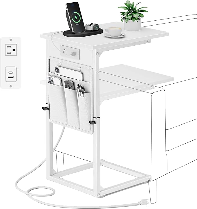 Vagusicc C Shaped End Table with Charging Station, Adjustable Height Side Table for Couch, Small Sofa Table for Small Spaces, Slide Under Sofa Table TV Tray Arm Tables for Living Room, Bedroom, White