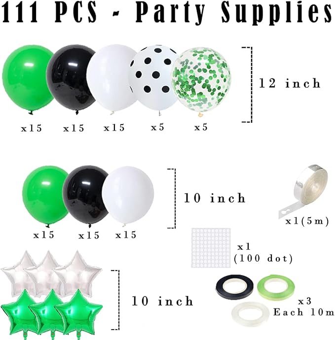 Green White Black Balloon Garland Arch Kit - Green Black White Balloons Soccer Ball Birthday Party Decorations for Video Game Football Birthday Safari Jungle Baby Shower Graduation Party Decors
