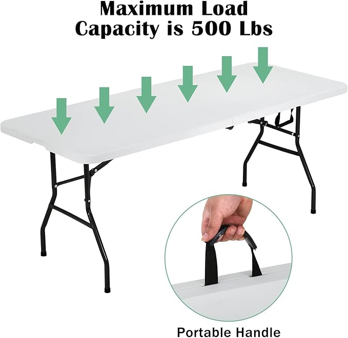 Plastic Folding Table 6ft Heavy Duty Foldable Utility Table with Carrying Handle for Camping Picnic BBQ Party Banquet Backyard, 500LBS Capacity, White