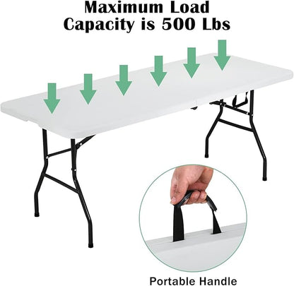 Plastic Folding Table 6ft Heavy Duty Foldable Utility Table with Carrying Handle for Camping Picnic BBQ Party Banquet Backyard, 500LBS Capacity, White