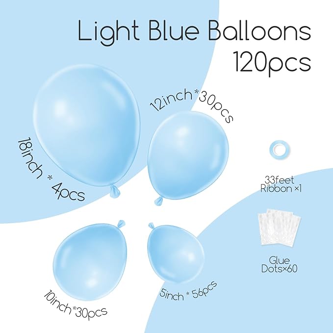 Awenztech 120pcs Light Blue Balloon Arch Kit, 18 12 10 5 inch Pastel Baby Blue Latex Balloons Different Sizes Balloon Garland for Graduation Baby Shower Gender Reveal Birthday Party Decorations