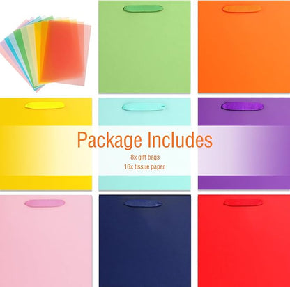 SHIPKEY 8 Rainbow Gift Bags with Tissue Paper, 8.7x3.9x7.1 Inches Colorful Paper Bags for Birthday, Party, Wedding, Baby Shower, Thanksgiving (8 Colors, 22x10x18cm)