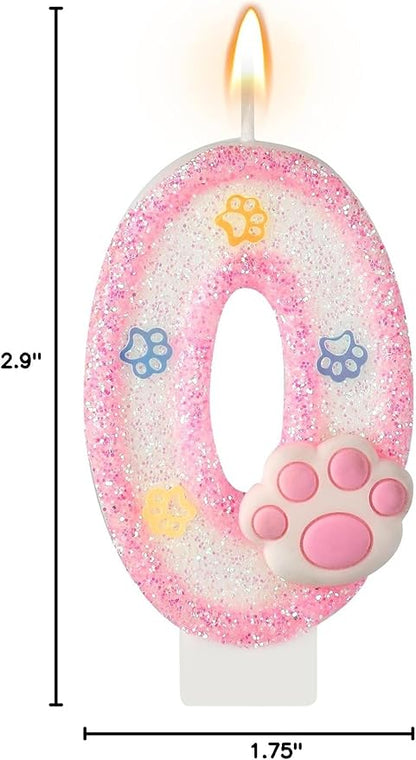 AKURIEEY Dog and Cat Birthday Candle Pink Numbers 0 Candle Paw Cake Topper Cupcake Decorations for Pet Theme Party Decor Anniversary Celebrations Supplies