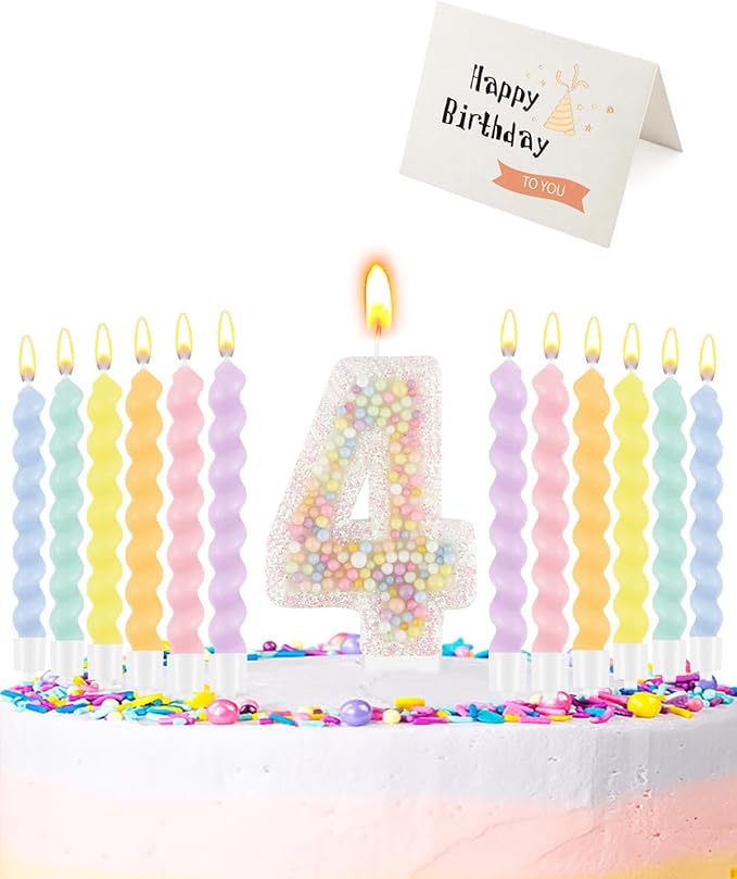 Birthday Candles for Cake, Pink Number Candles, Cake Candles with Greeting Card for Birthday Party Wedding Anniversary Celebrations（4 Candle,White Number Macaron）