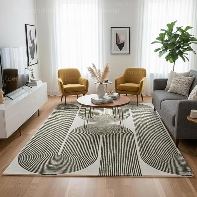 Modern Handmade Wool Area Rug, Abstract Curved Line Geometric Carpet for Living Room Bedroom, Contemporary Tufted Indoor Rug with Soft Pile and Cotton Backing (Olive, 10' x 14')