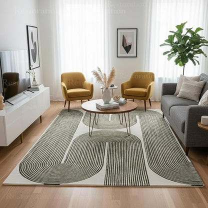 Modern Handmade Wool Area Rug, Abstract Curved Line Geometric Carpet for Living Room Bedroom, Contemporary Tufted Indoor Rug with Soft Pile and Cotton Backing (Olive, 10' x 14')