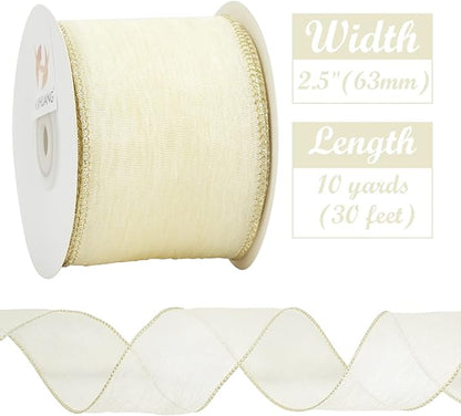 HUIHUANG Ivory Wired Ribbon 2-1/2 inch Cream Metallic Silk Wire Edge Ribbon for Crafts Gift Wrapping Basket Wreaths Bows Making Home Wedding Decor Christmas Tree Bows -Continuous 10 Yards