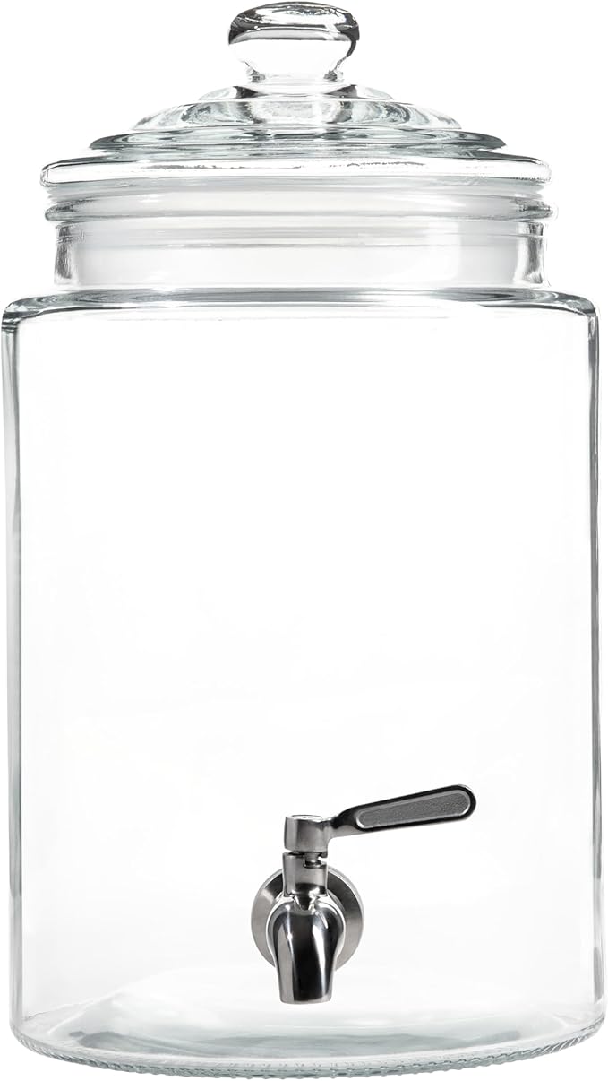 Large Glass Drink Dispenser with Spout – 1.5 Gallon Tall Mason Jar Style Beverage Server with Airtight Lid & Metal Spigot for Water, Tea, Juice, Punch, or Cocktails
