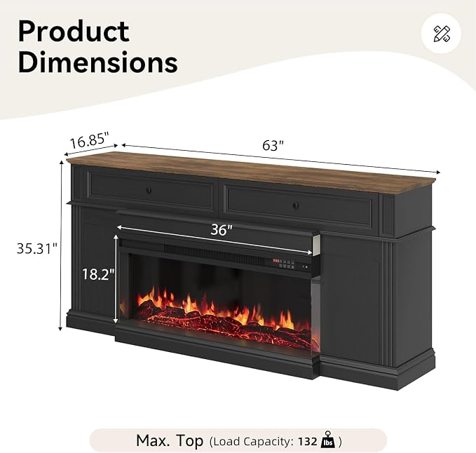 63" Farmhouse TV Stand with Fireplace