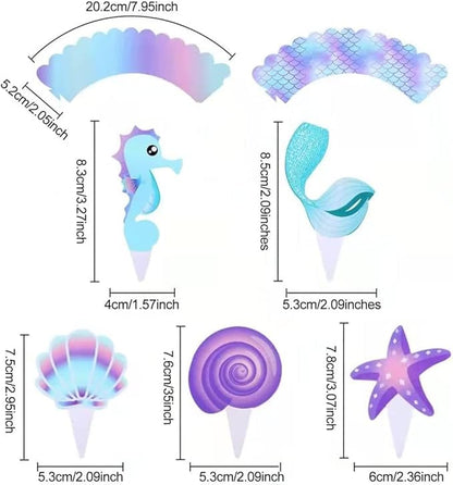 80 Pcs Mermaid Cupcake Wrappers Toppers, Include 40pcs Cake Topper and 40pcs Wrappers Double Side, Little Mermaid Theme Decoration Under The Sea Birthday Party Favor