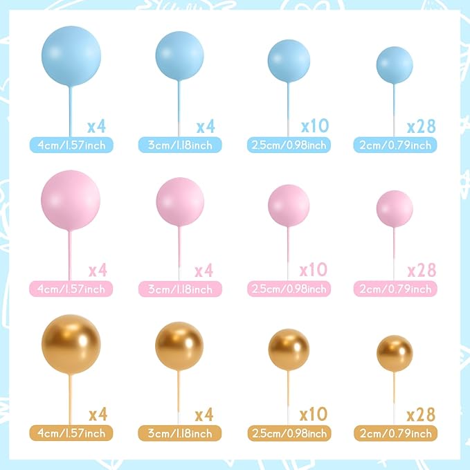 138 Pcs Balls Cake Topper Decorations Balloon Cupcake Toppers Foam Multisize Cake Topper Balls for Birthday Party Wedding Anniversary (Blue,Pink,Gold)