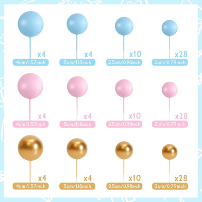 138 Pcs Balls Cake Topper Decorations Balloon Cupcake Toppers Foam Multisize Cake Topper Balls for Birthday Party Wedding Anniversary (Blue,Pink,Gold)