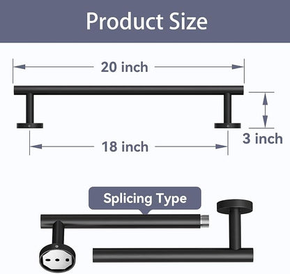 Matte Black Towel Bar, 18 Inch Bathroom Towel Rack, Towel Holder Wall Mounted, Thicken SUS304 Stainless Steel Towel Rod Modern Home Decor (Total Length 20-Inch)