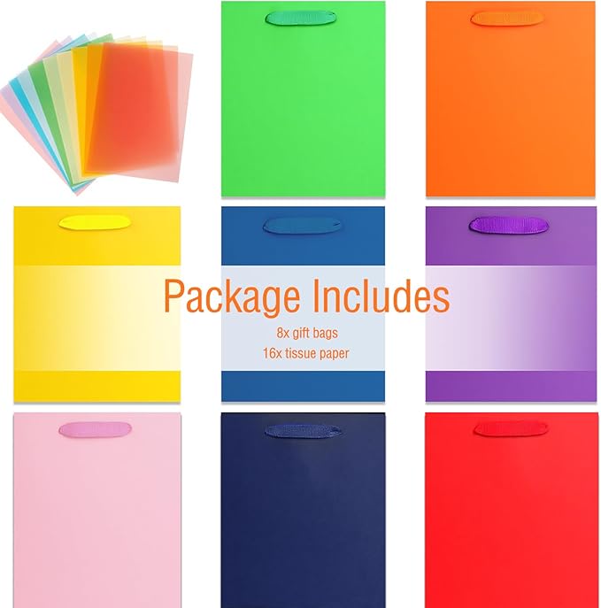 SHIPKEY 8 Rainbow Gift Bags with Tissue Paper, 8x4x11in Colorful Paper Bags for Birthday, Party, Wedding, Baby Shower, Thanksgiving (8 Colors, 20x10x28cm)