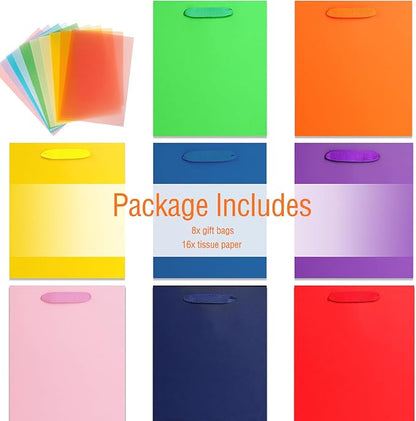SHIPKEY 8 Rainbow Gift Bags with Tissue Paper, 8x4x11in Colorful Paper Bags for Birthday, Party, Wedding, Baby Shower, Thanksgiving (8 Colors, 20x10x28cm)