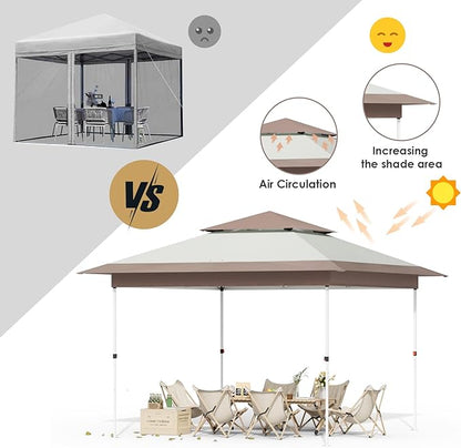 Arlopu Pop Up Canopy Tent with 1-Person Set up, Camping Instant Durable Shelter, Outdoor Gazebo Beach Shade with Wheeled Bag, 4 Sand Bags for Weight (Khaki, 13FTX13FT)