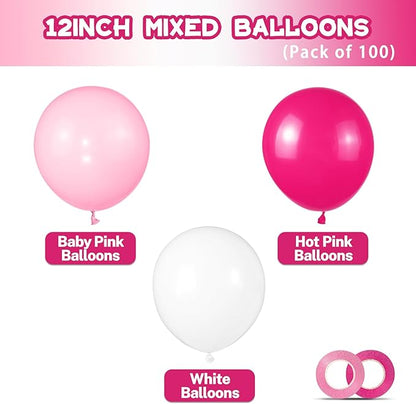 Pink White Balloons 100pcs 12 inch Hot Pink Pastel Pink White Balloons with 2 Ribbon for Mother's Day Valentine's Day Girl's Woman's Birthday Bridal Shower Wedding Party Decorations