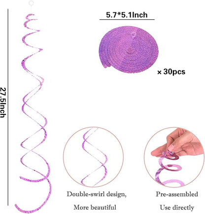 30 Pieces Pink Hanging Swirl Decorations Plastic Streamers Foil Swirls Ceiling Decorations Metallic Holiday Photo Backdrop for Girls Princess Baby Shower Babbie Mermaid Themed Birthday Party Supplies