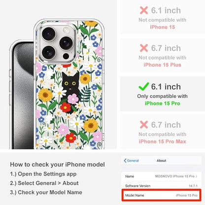 MOSNOVO Case for iPhone 15 Pro, [Buffertech 6.6ft Military-Grade Drop Protection] [Anti Peel Off Tech] Clear TPU Bumper Phone Case Cover Design - Black Cat in Garden