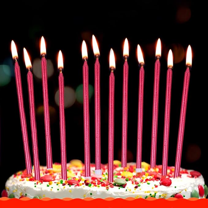 12 Count Long Thin Red Birthday Cake Candles in Holders for Birthday Wedding Party Cupcake Decorations Tall Candle