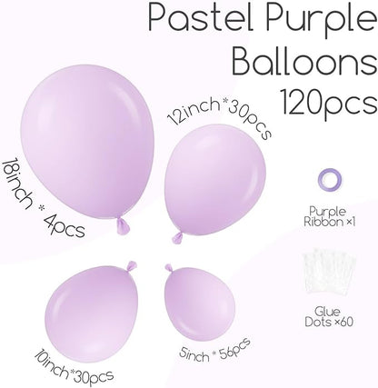 120pcs Pastel Purple Balloons, 18 12 10 5 inch Light Purple Balloons Different Sizes Purple Balloon Garland for Baby Shower Gender Reveal Wedding Birthday Party Decorations