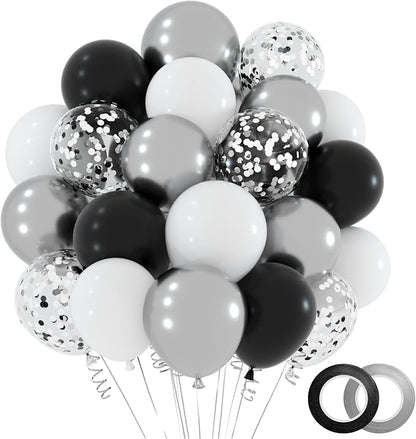 NACHLYNN 60 Packs Black and Silver Party Confetti Balloons 12 Inches Latex Balloons for Graduation Decorations Baby Shower Wedding Party Decorations