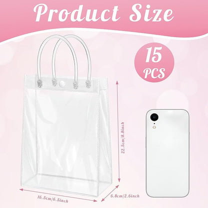 Okxiri 15 PCS Clear PVC Gift Bags with Handles,Small Reusable Plastic Party Favor Bags, Transparent Goodie Bags for Wedding,Baby Shower, Birthday (8.8" x 6.5" x 2.6")