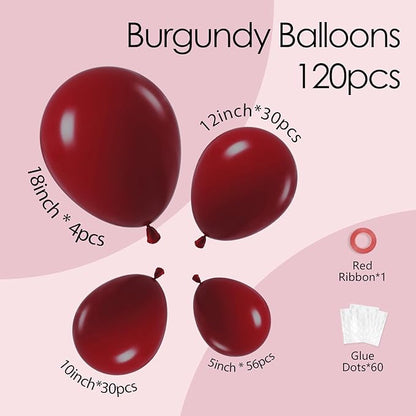 120pcs Burgundy Balloons, 18 12 10 5 inch Maroon Balloons Different Sizes Burgundy Balloon Arch Kit for Birthday Graduation Wedding Baby Shower Party Decorations