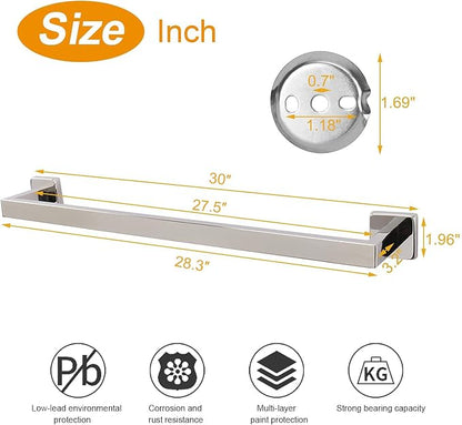 TocTen Bath Towel Rack - Square Base Thicken SUS304 Stainless Steel Towel Bar for Bathroom, Bathroom Accessories Towel Rod Heavy Duty Wall Mounted Towel Holder. (Chrome, 30)