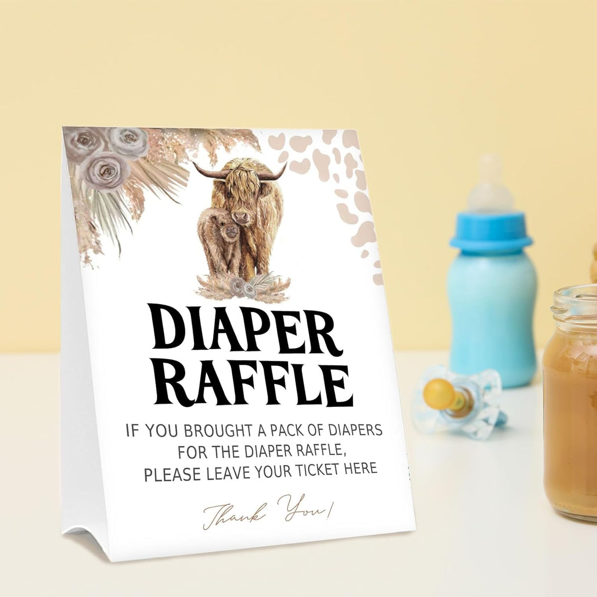 Diaper Raffle Tickets for Baby Shower Game, 1 Standing Sign & 50 Guessing Cards for Baby Shower Party Decoration, Holy Cow, Boho Highland Cow