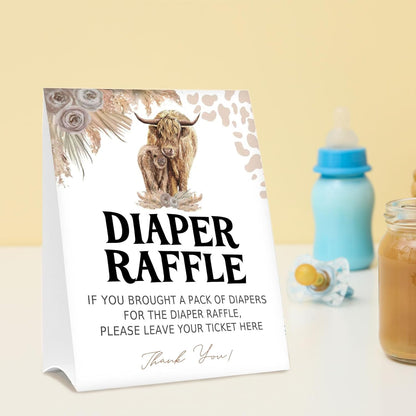 Diaper Raffle Tickets for Baby Shower Game, 1 Standing Sign & 50 Guessing Cards for Baby Shower Party Decoration, Holy Cow, Boho Highland Cow