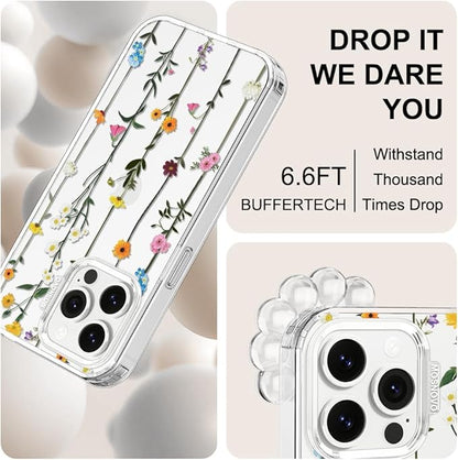 MOSNOVO Case for iPhone 13 Pro, [Buffertech 6.6ft Military-Grade Drop Protection] [Anti Peel Off Tech] Clear TPU Bumper Phone Case Cover Design - Wildflowers