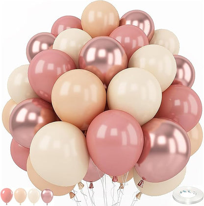 60pcs Dusty Pink Balloons 12 Inch Blush Pink Dusty Rose Nude Balloons Ivory White Metallic Rose Gold Decorations for Boho Baby Shower Girl Birthday Party Wedding Bridal Shower Party Decorations