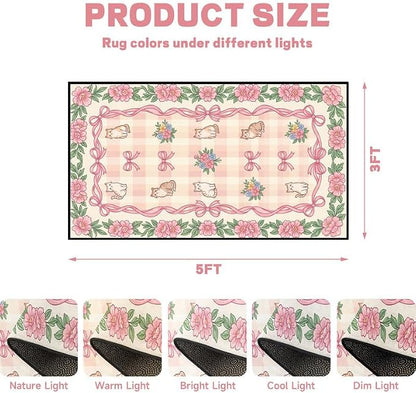 3'x5' Cat Floral Area Rug Pink Bow Flower Carpet Washable Rug Cute Cartoon Boho Floor Mat for Entryway Bedroom Living Room Nursery Playroom Classroom Home Decor