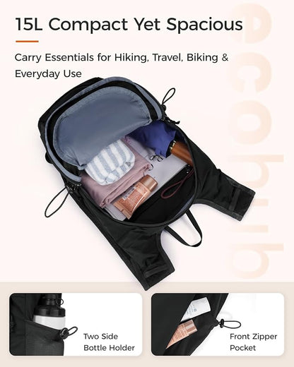 ECOHUB 15L Lightweight Packable Hiking Backpack for Travel, Small Daypack with Chest Strap & Phone Pocket, Water Resistant Foldable Backpack for Men Women