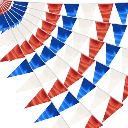 40M/130FT White Blue Red Triangle Pennant Banner Flag Metallic Fabric Bunting Garland for Christmas Graduation, Independence Day, 4th of july, Patriotic Themed Party Decoration