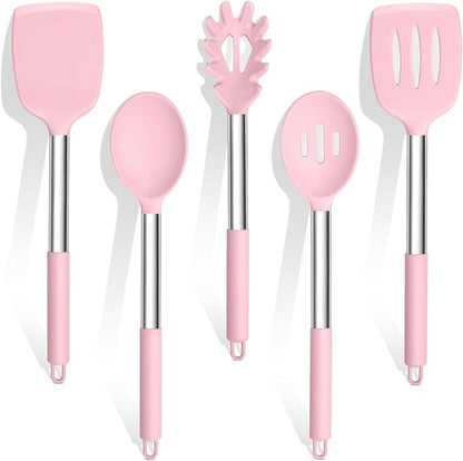 TeamFar Cooking Utensils Set, 5 PCS Silicone Kitchen Utensils with Stainless Steel Handle for Nonstick Cookware Turning Flipping Frying Draining, Heatproof & Healthy, Nonstick & Easy Clean, Pink