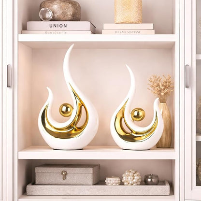 2Pcs Abstract Art Ceramic Statue, Modern White Gold Sculpture for Home Decor, Shelf Decorations Table Centerpiece for TV Stand, Console Table, Dining Room, Living Room, Office