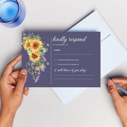 Preprinted Purple and Yellow Sunflower Wedding or Party RSVP Cards, Personalized Response Card Glossy Finish With White Envelopes, Set of 15 with Envelope, 5x3.5 inch Cards (Navy Blue)