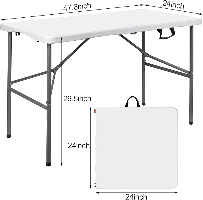 4Ft Plastic Folding Table,Fold-in-Half Portable Picnic Table Outdoor for Camping,Party,Wedding,Kitchen,Beach,with Lock,Handle,White-Straight Leg
