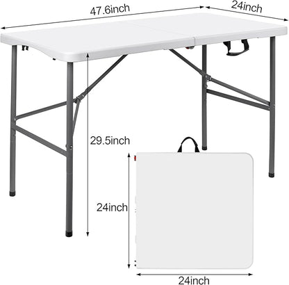 4Ft Plastic Folding Table,Fold-in-Half Portable Picnic Table Outdoor for Camping,Party,Wedding,Kitchen,Beach,with Lock,Handle,White-Straight Leg