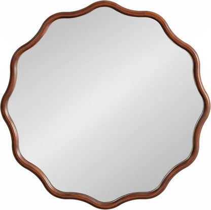 Kate and Laurel Talma Mid-Century Round Scalloped Wall Mirror; 30 Inch Diameter; Walnut Brown; Modern Circle Mirror with Solid Poplar Wood Frame and Rounded Frame Profile