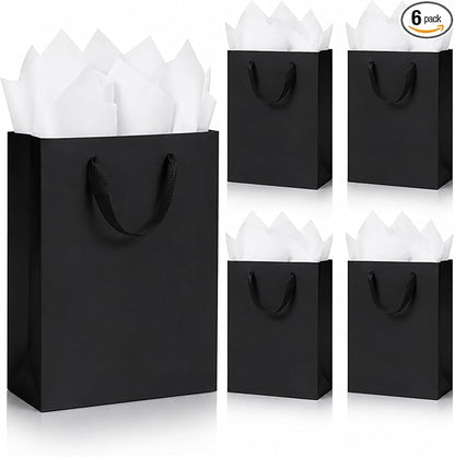 SHIPKEY 6 Pcs Luxury Black Bags with Tissue Paper, Medium Gift Bags for Men, Groomsmen Proposal Bag 8x4x11 Inch Kraft Paper Bag with Handles Bulk | Shopping Wrappings for Men, Groomsman (20x10x28cm)